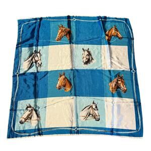 Vintage Equestrian Square Scarf English Bridle Horse Head Blue White Japan 30x31
